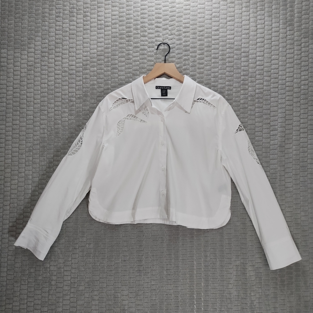 Christian Lacroix Crop White Button Down Embroidered Leaf Cut Outs-Sz M